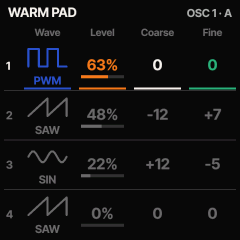 the sound editor: the four oscillators of WARM PAD