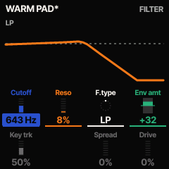the filter screen of WARM PAD: the low-pass curve over cutoff, resonance, filter type and envelope amount