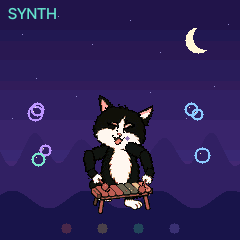 the Cat at its xylophone under a moon, bubbles rising for the notes held